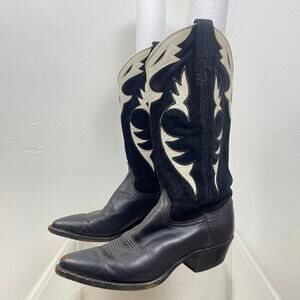 Vintage Dan Post Men’s Black White Tooled Suede Leather Cowboy Boots 6.5 M